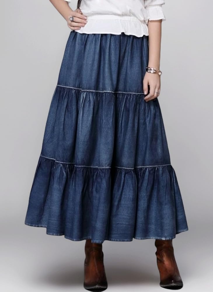 Skirts for Women UK,Women's Retro Layered Denim Skirt Blue