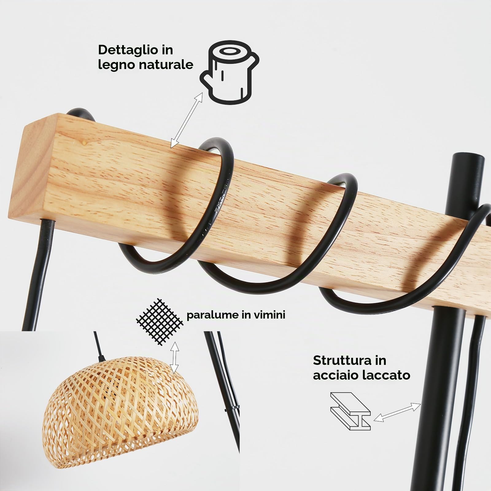 Alpinaluz Lampada da terra con paralume in vimini naturale, fatta a mano, struttura nera e legno, base sottile, interruttore a terra, stile moderno boho, 157 cm, E27