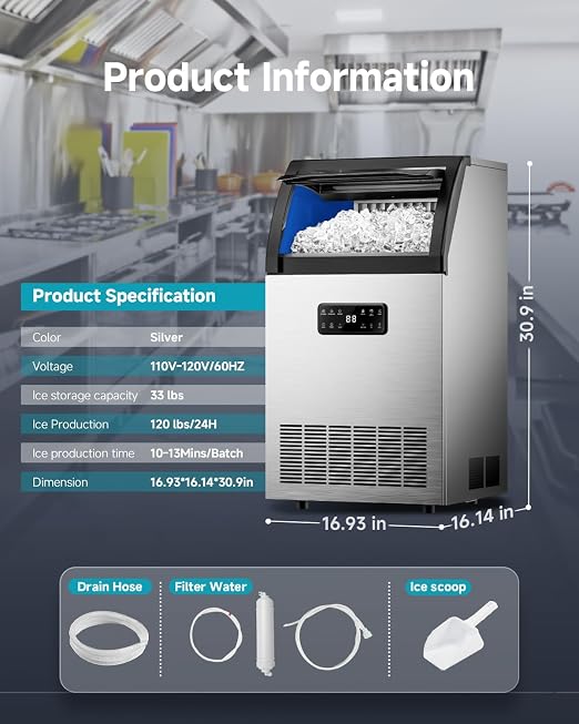 Máquina Comercial de Hielo EUHOMY 120 lbs/24h Acero Inoxidable miniatura 8