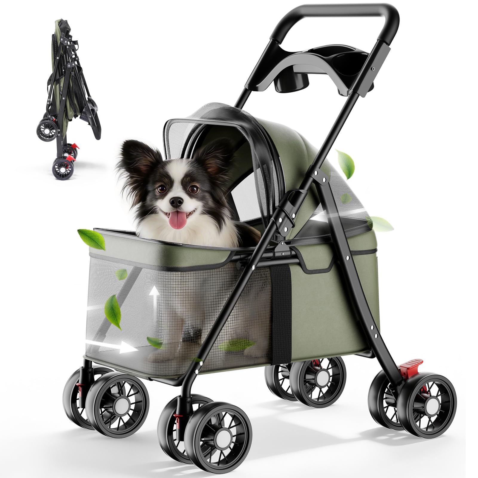 Photo 1 of [MISSING BASKET] GTPLAYER Foldable Pet Stroller for Small Dogs and Cats, Holds Up to 33 lb, 4-Wheel Stroller with 2 Safety Tethers, Breathable Mesh, Lockable Front Wheels, Cup Holder/Tray & Storage Pocket, Green