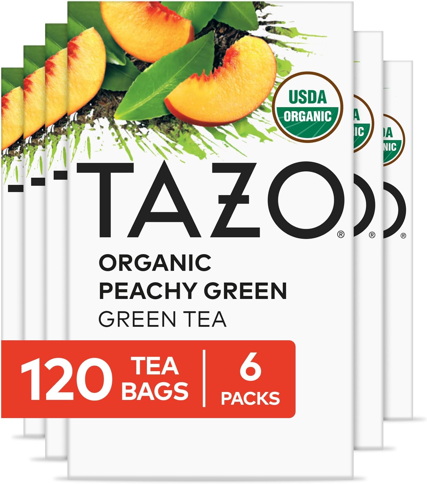 TAZO Organic Peachy Green Tea Bags, Green & Black Tea Blend with Sweet Peach Flavor, Caffeinated Tea, 120 Total Bags (20ct - Pack of 6)