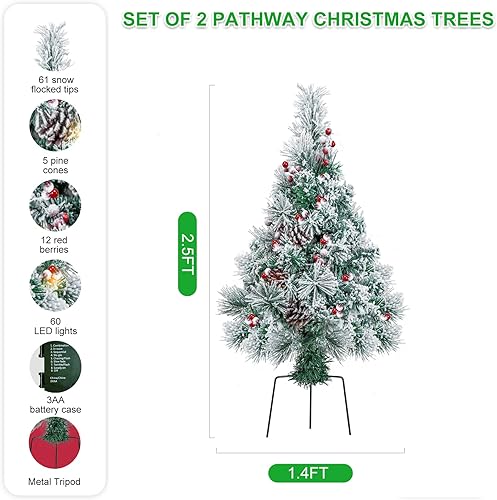 Miniatura 3 de Árbol de Navidad artificial de 2.5 pies para caminos al aire libre, preiluminado, nevado, árbol de Navidad, porche, pino, luces a batería, 8 modos