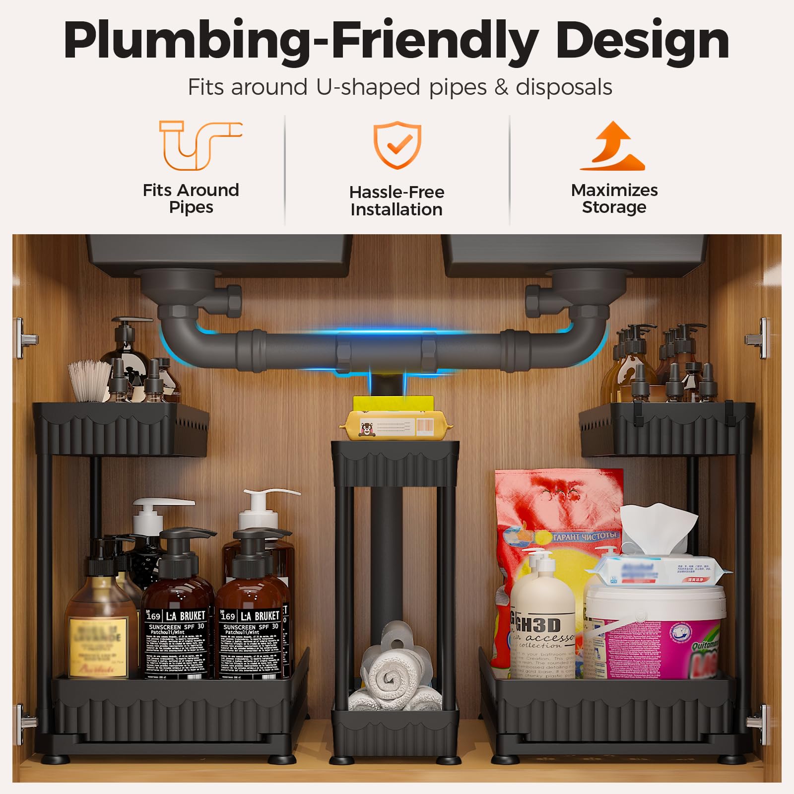 Sevenblue Paquete de 3 organizadores de almacenamiento extraíbles multiusos, organizadores de 2 niveles en forma de L para debajo del fregadero/armario y almacenamiento para baño y cocina, (negro