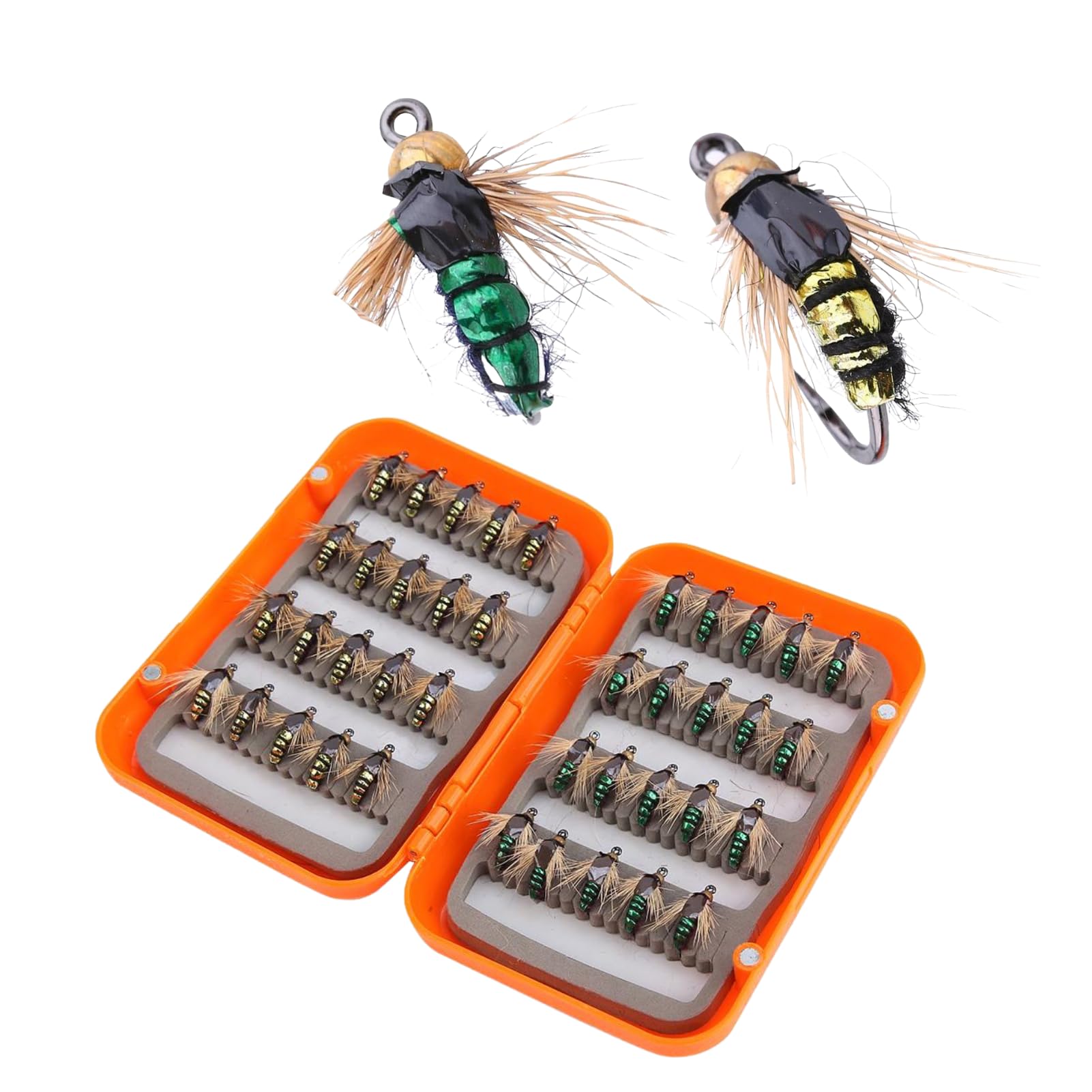 Mouches de Pêche Lot de 40 Leurres de Pêche à La Mouche en Acier au Carbone avec Boîte Étanche pour Les Amateurs de Pêches au Bar, à La Truite et au Saumon