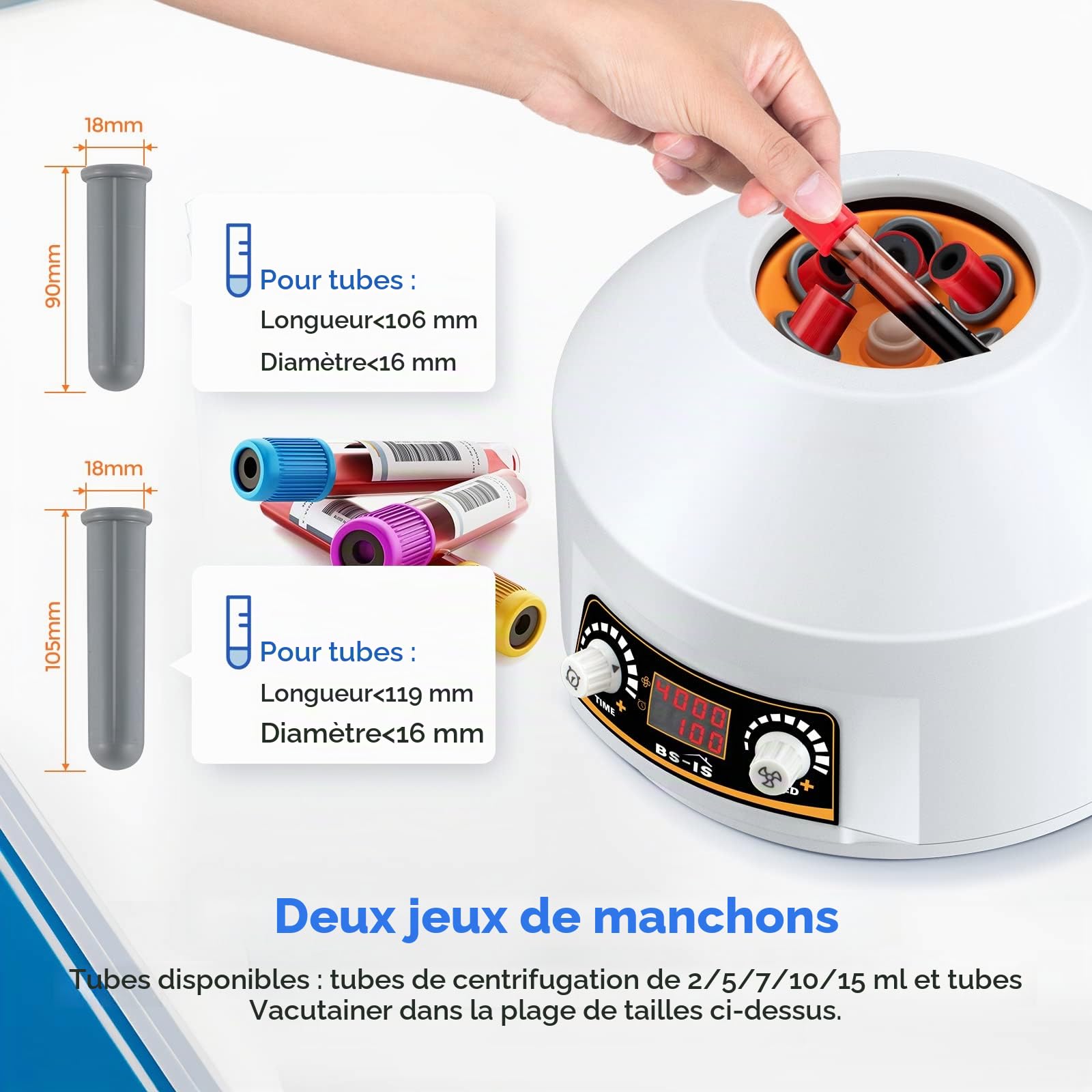 Bonvoisin Centrifugeuse de Laboratoire 15mlx6 avec Affichage LED, 4000 rpm, 1953xg, Durée de 100 minutes, Faible vibration, Compatibilité avec Tubes Vacutainer & Centrifuge de 2 à 15ml | Minuterie de 100 Min, Faibles Vibrations, Compatible avec Les Vacuta