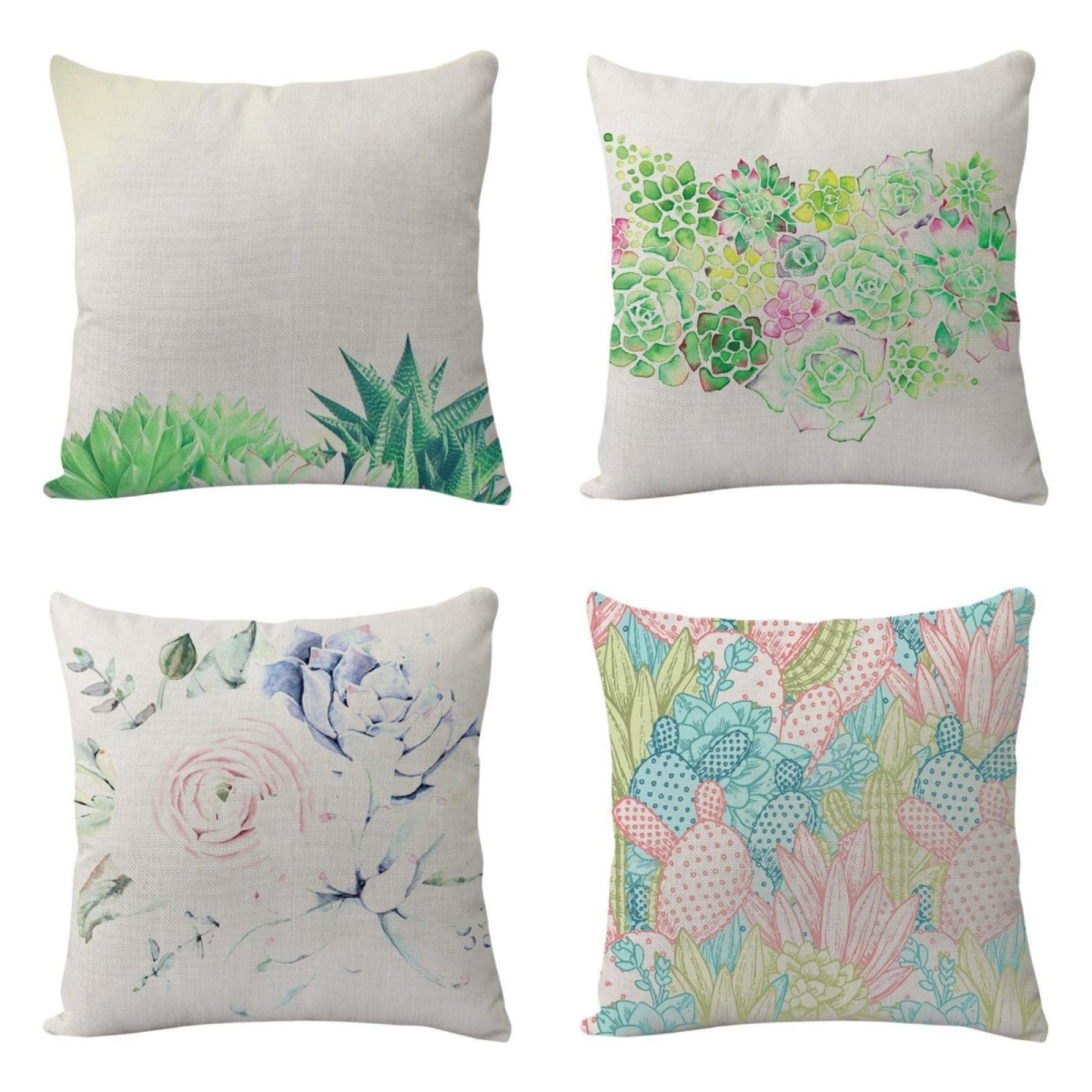 Housse coussin 50x50 rose et plante verte pour décorer un canapé cosy en coton lin