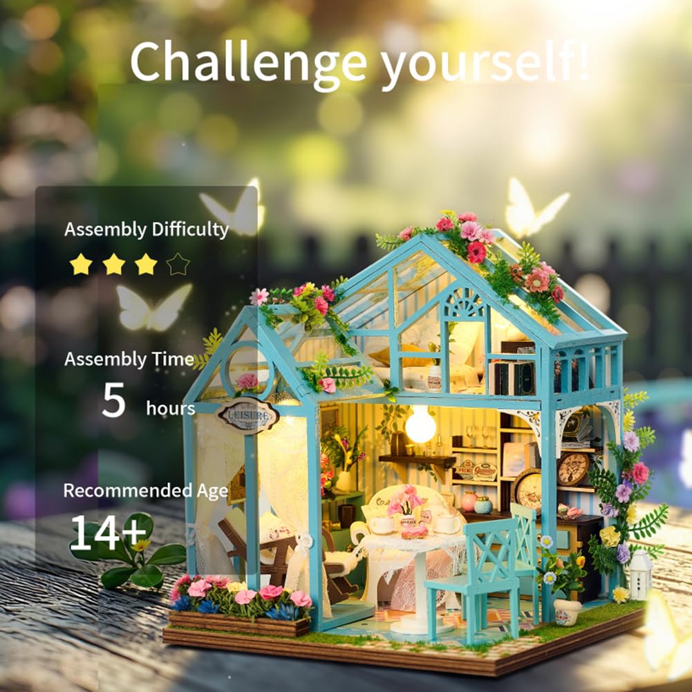 Vintage European Style DIY Dollhouse Kit, Afternoon Tea Theme Wood Dollhouse Miniature, Glass Flower House Creativity Valentine's Wedding/Birthday/Graduation Gift Gift