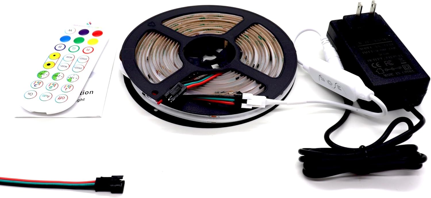 RGB cob led Strip with Music Mode/APP Control,Addressable COB RGB IC led Strip with 24V Adapter for Bedroom, DIY Lighting Projects (16.4FT(5M X 1))