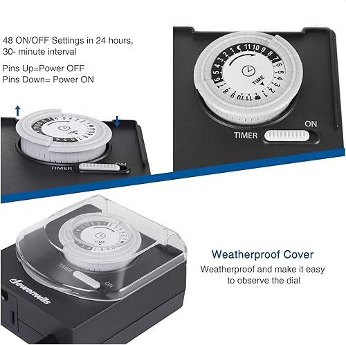 Miniatura 6 de DEWENWILS - Temporizador de luz mecánica de 24 horas con cable de 2 pies de largo, temporizador eléctrico impermeable con toma de tierra,