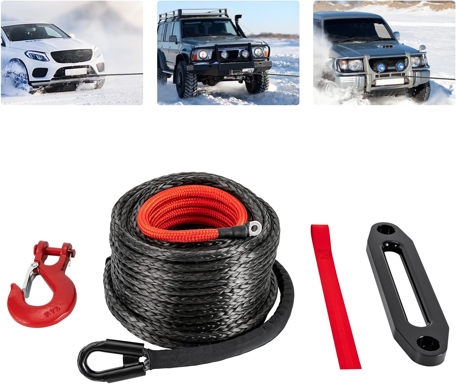 Synthetic Winch Rope with Hook Winch Cable 23,809 LBS with Protective Sleeve, Car Tow Recovery Cable for 4WD Off-Road Vehicle Truck ATV UTV SUV Breaking Strength (1/2" x92ft Black)