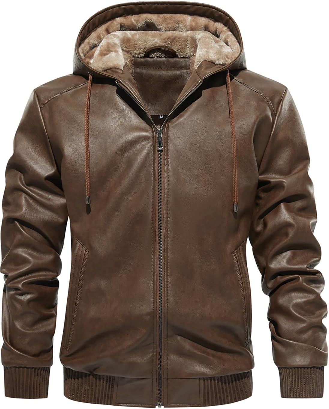 FANARCHER Men’s Faux Leather Jacket Fleece Padded Bomber Motorcycle Jacket with Hood - Image 3