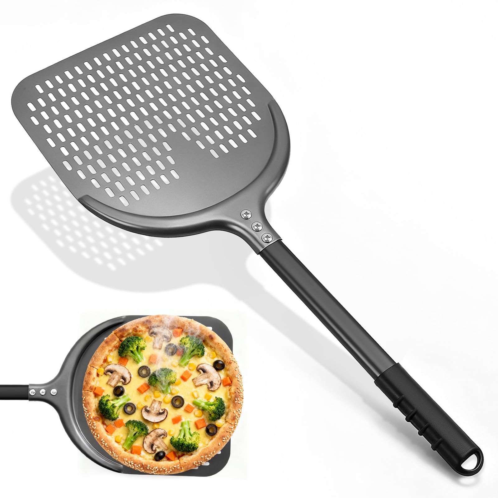 Pala per pizza [38,5 x 30,5 x 72,5 cm), pala per pizza in alluminio nero, non si attacca grazie al rivestimento antiaderente per forno e pietra per pizza