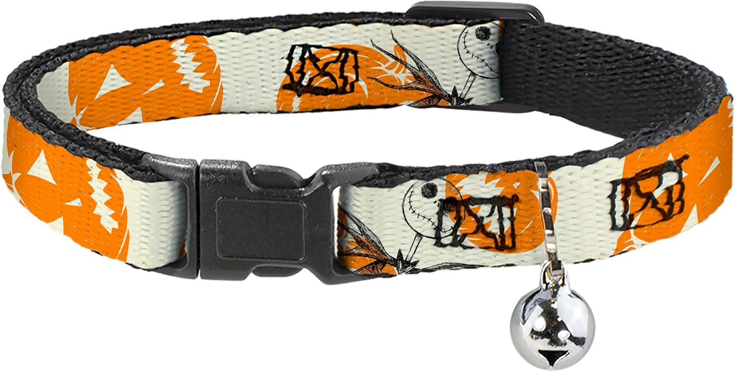 Disney Breakaway Cat Collar | The Nightmare Before Christmas Jack Pose and Pumpkins Collage Durable Adjustable Bell ID Tag Ring