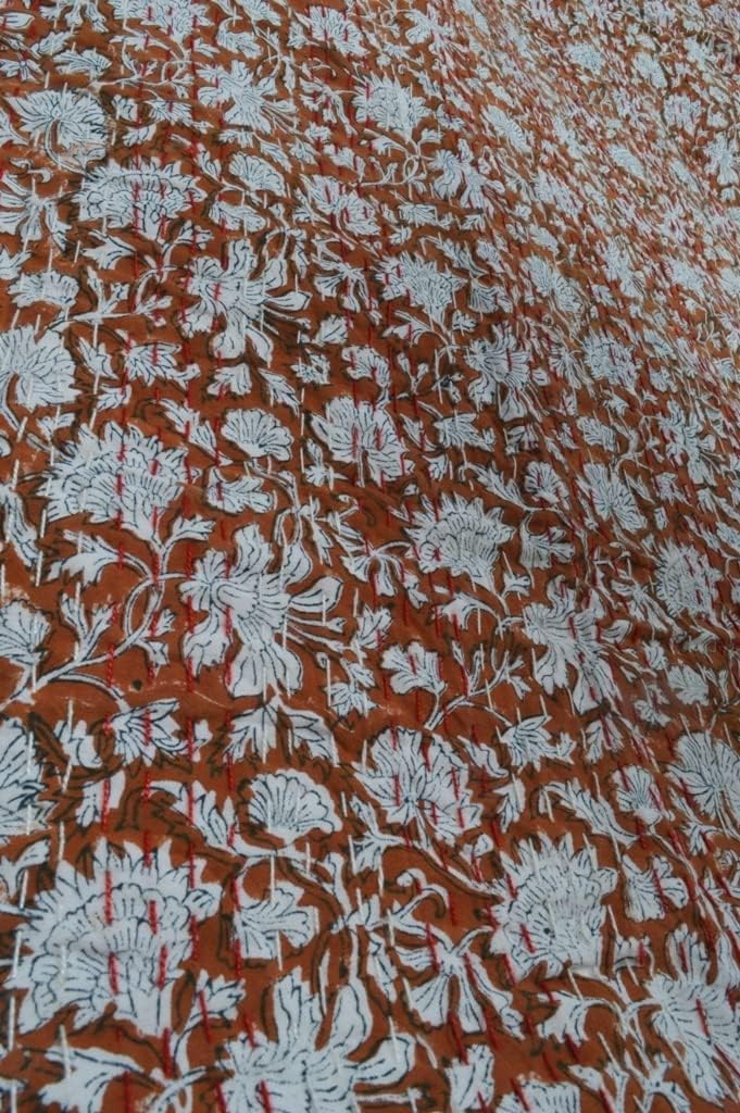 Floral Print Beautiful Kantha Quilt - Indian Hand Block Reversible Cotton Bedding Bedspread - Queen Size Vintage Kantha Gudari (Dark Brown, Twin)