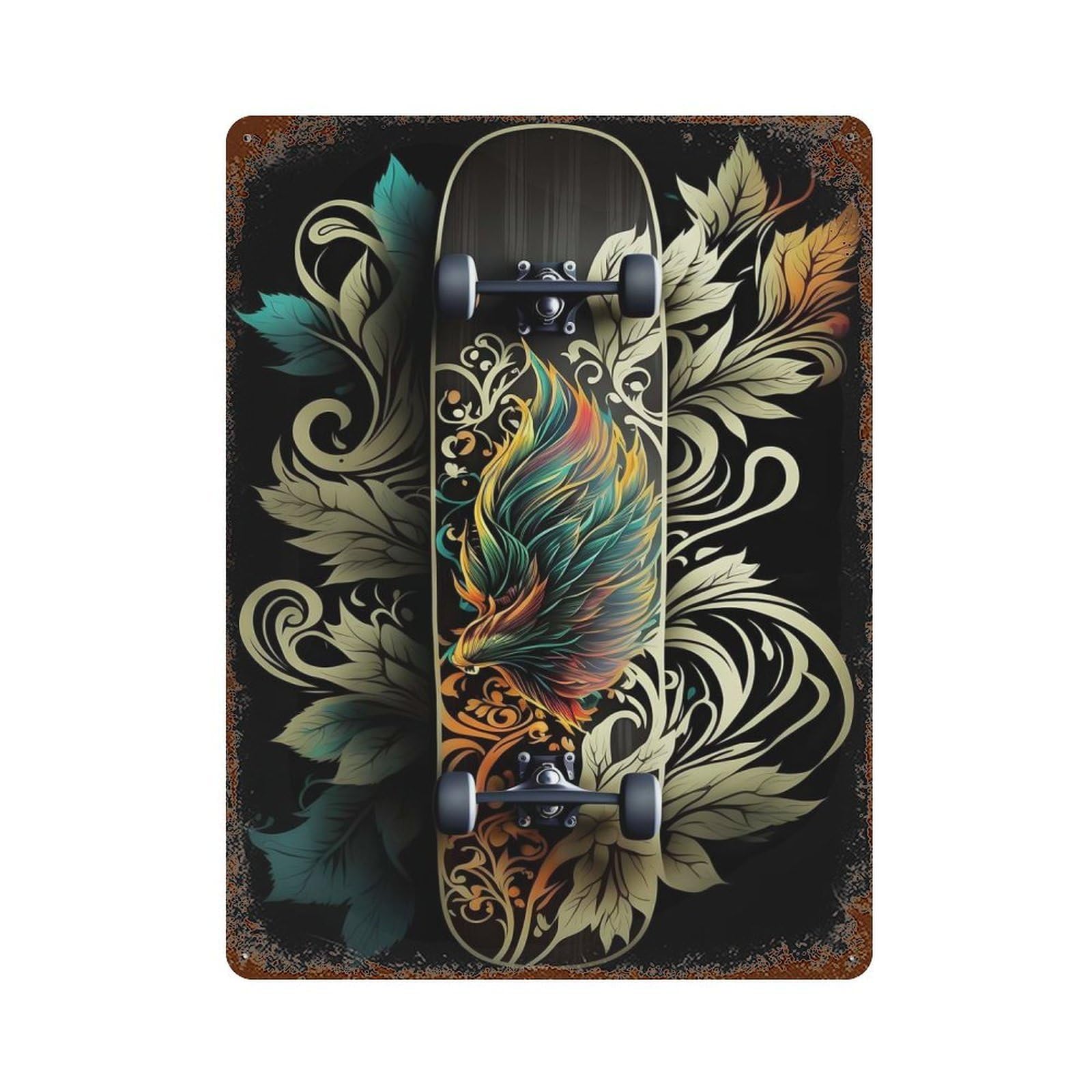 Skateboard Floral 15.7"x11.8" Rusty Metal Tin Sign, Farmhouse Wall Decor for Office, Studio And Wall Decor
