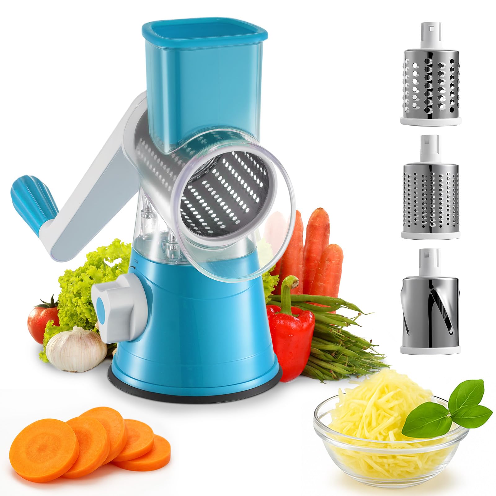 GREENSAPPIRE 4-in-1 Rotary Cheese Grater Mandoline Slicer with Container Handheld Vegetable Shredder for Hard Cheese, Nuts, Fruits & Carrots (Blue)