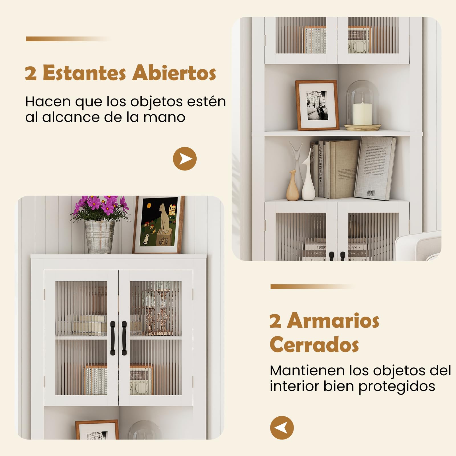 GOPLUS Armario de Esquina de 6 Niveles, Gabinete Alto Esquinero con 4 Puertas de Vidrio Templado, 2 Estantes Ajustables en 3 Niveles, Mueble de Baño de Suelo para Salón Cocina, Blanco