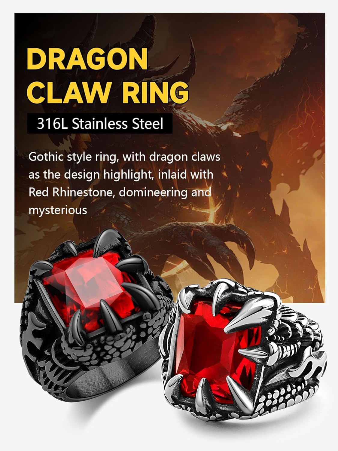 Men's Stainless Steel Dragon Claw Ring - Gothic Biker Style with Black/18K Gold Finish, Red/Black Gemstone, Crystal Stone Signet Ring Punk Jewelry, Size 7-14, Includes Gift Box - Image 5