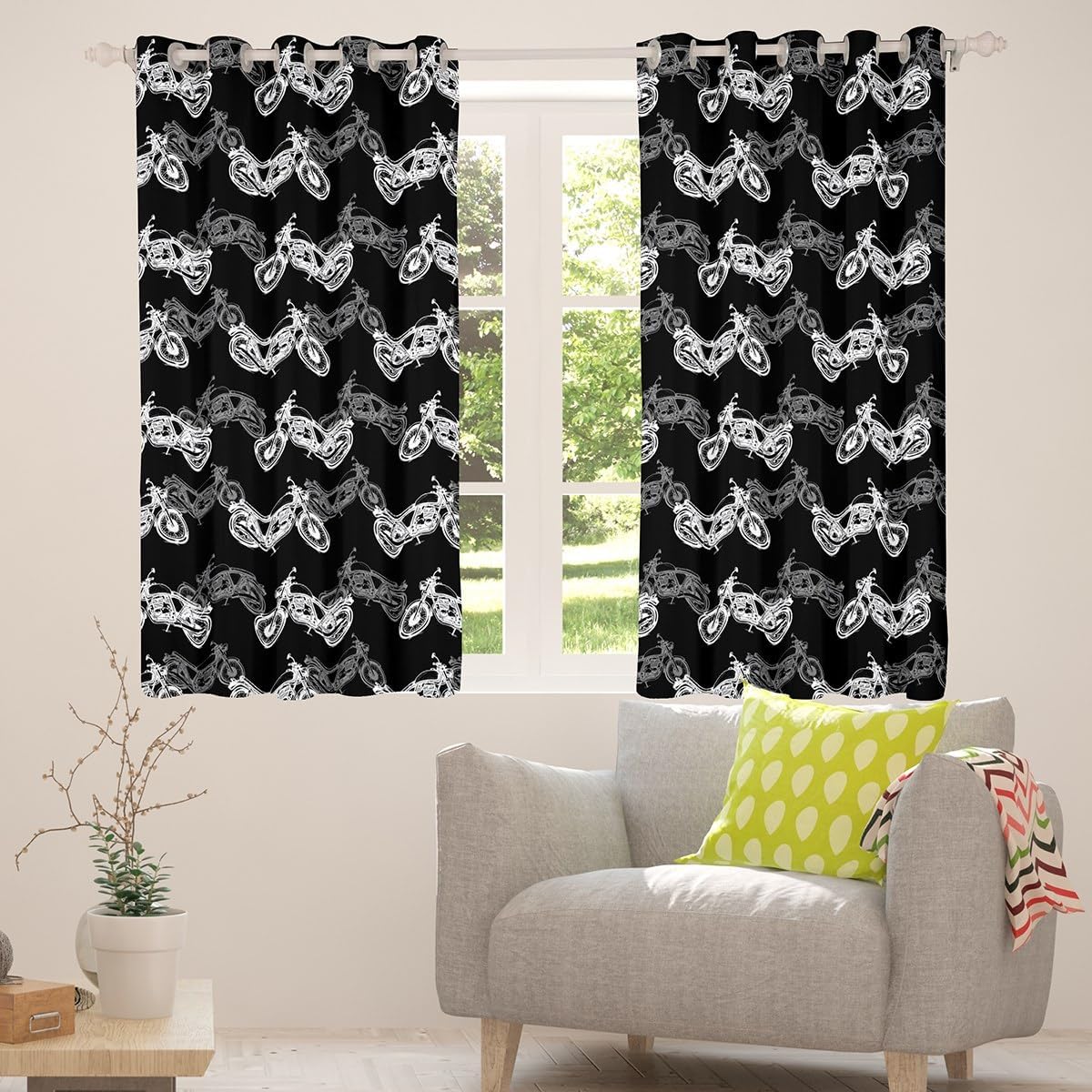 Dirt Bike Curtain for Bedroom,80s Vintage Motorcycle Hand Draw Blackout Curtains for Girls Teens,Black White Cool Motorcross Decor Microfiber Window Treatment, 42Wx84L inch