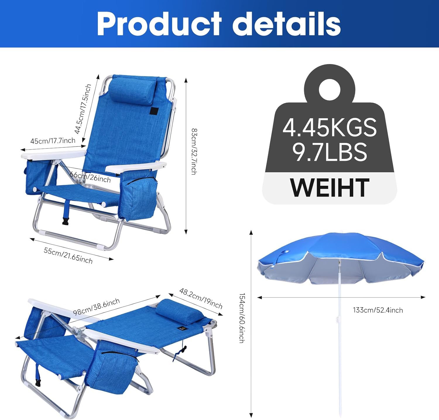 CDEN Backpack Beach Chair, Sand Chair, Beach Chairs for Adults, 7-Position Reclining, with Backpack Straps, Cooler and Umbrella, Cup Holder Outdoor, Camping, BBQ, Travel, Picnic (1 Pack)