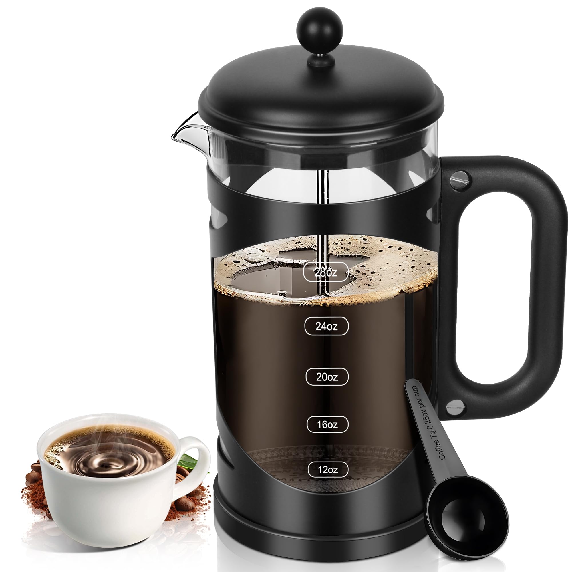 YMMIND Cafetera de prensa francesa de 34 onzas, prensa de café de acero inoxidable negro, con sistema de filtro de 4 niveles, vidrio de borosilicato de grosor resistente al calor, cafetera preparada