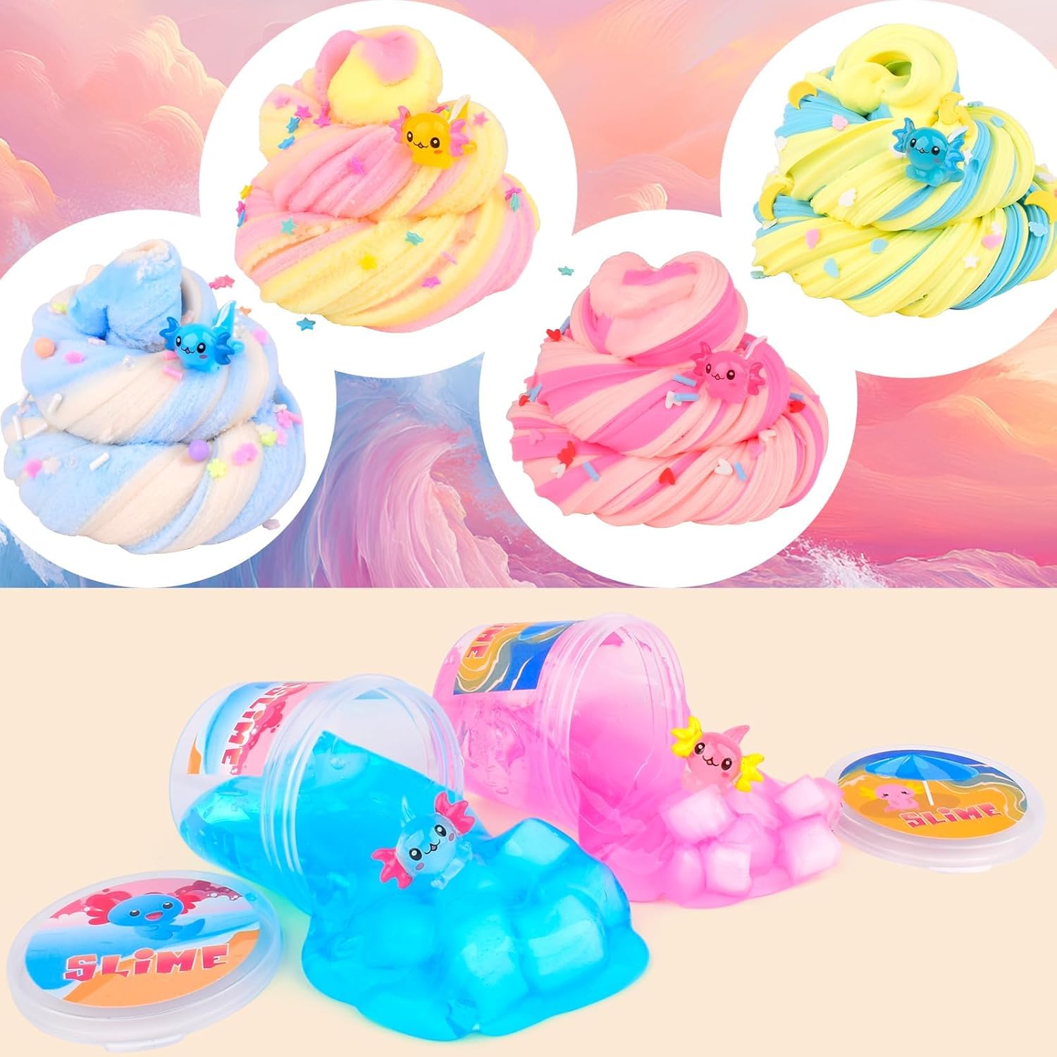 6 Pack Axolotl Slime Kit, Cloud, Butter & Clear, Christmas Slime Party Favors for Kids with Axolotl Charms, Soft and Stretchy, Slime for Girls & Boys, Classroom Rewards, Birthday Gifts