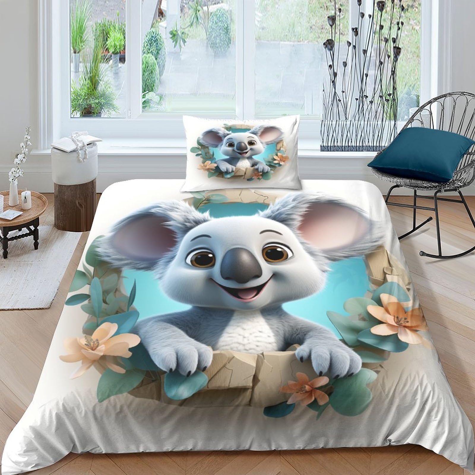 Parure de lit 135x200 cm avec housse de couette koala en microfibre douce