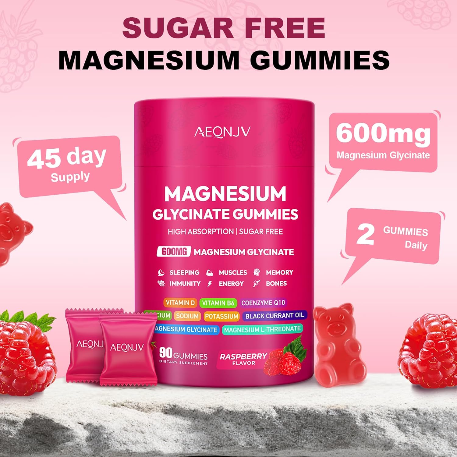 Magnesium Glycinate Gummies 600mg, High Absorption Magnesium Supplement, Sugar Free Chewables Gummies with VitaminD & B6, CQ10 for Adults & Kids, Relax, Muscle & Zzz Support - Image 5