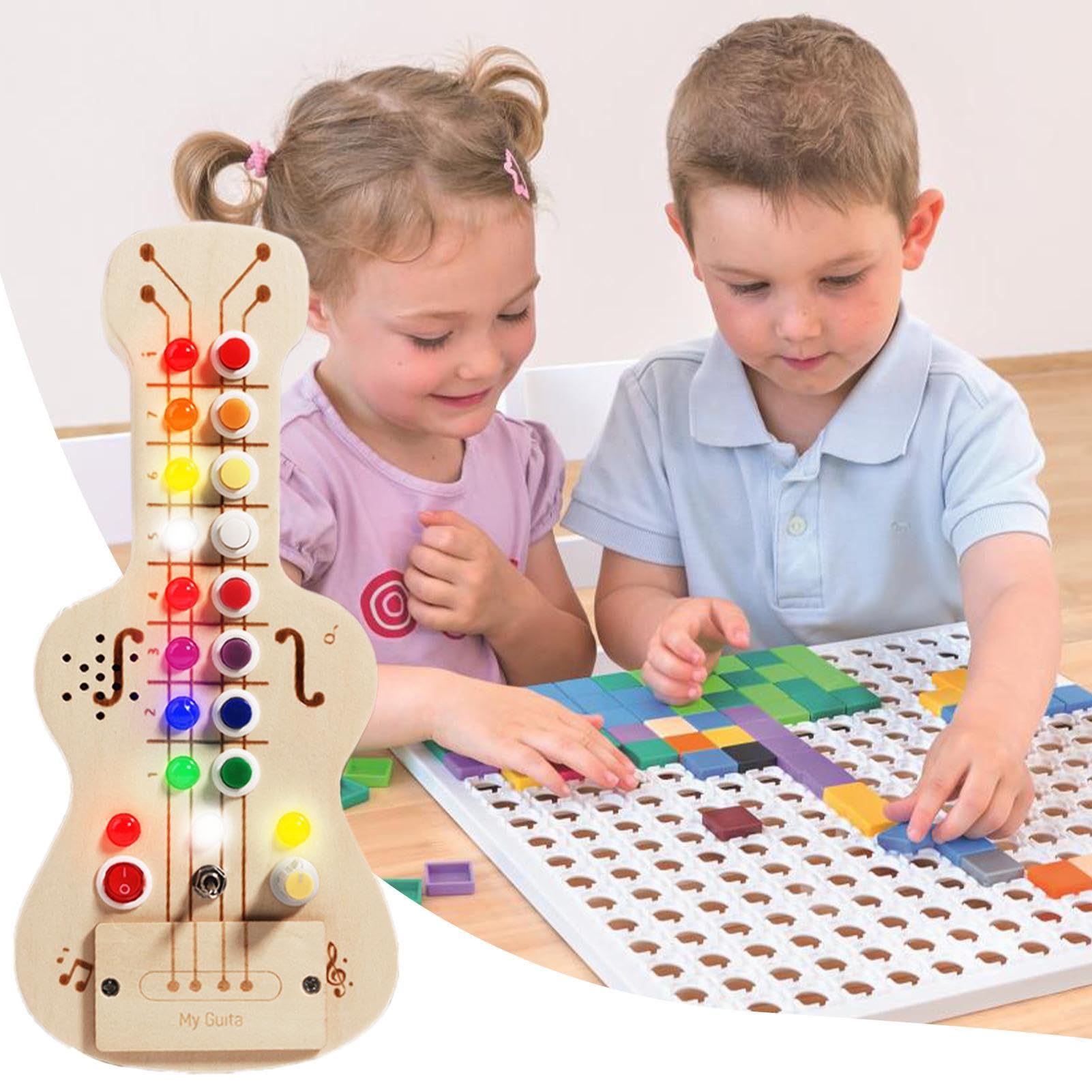Tableau D'activité Sensoriel Guitare LED Pour Bébé 1-3 Ans - Jouet En Bois Avec Lumières Et Sons, 25,8 X 11,7 Cm