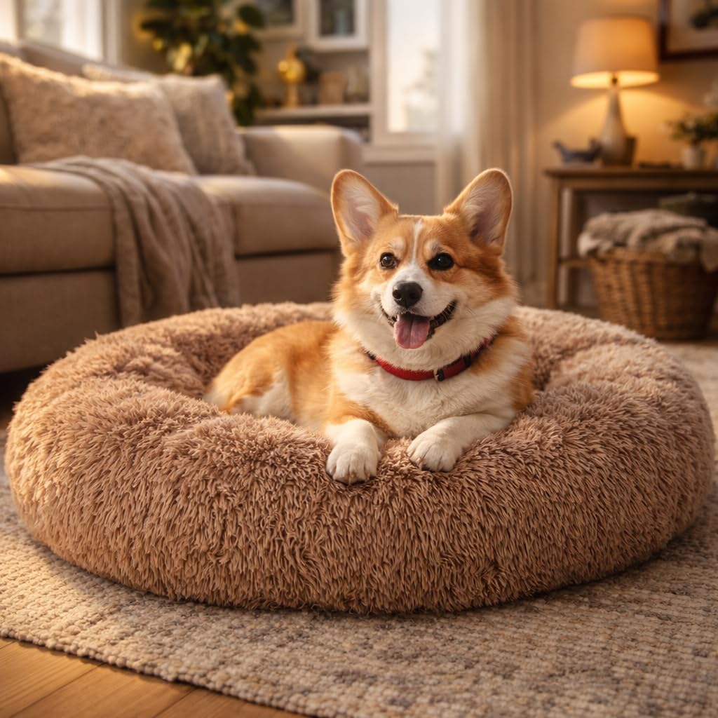 Dog & Cat Bed for Indoor Cats, 24in Calming Donut Pillow mat for Puppy and Kitten, Washable Cooling Round Fluffy Pet Nest for Small Medium Dogs and Cats, Brown