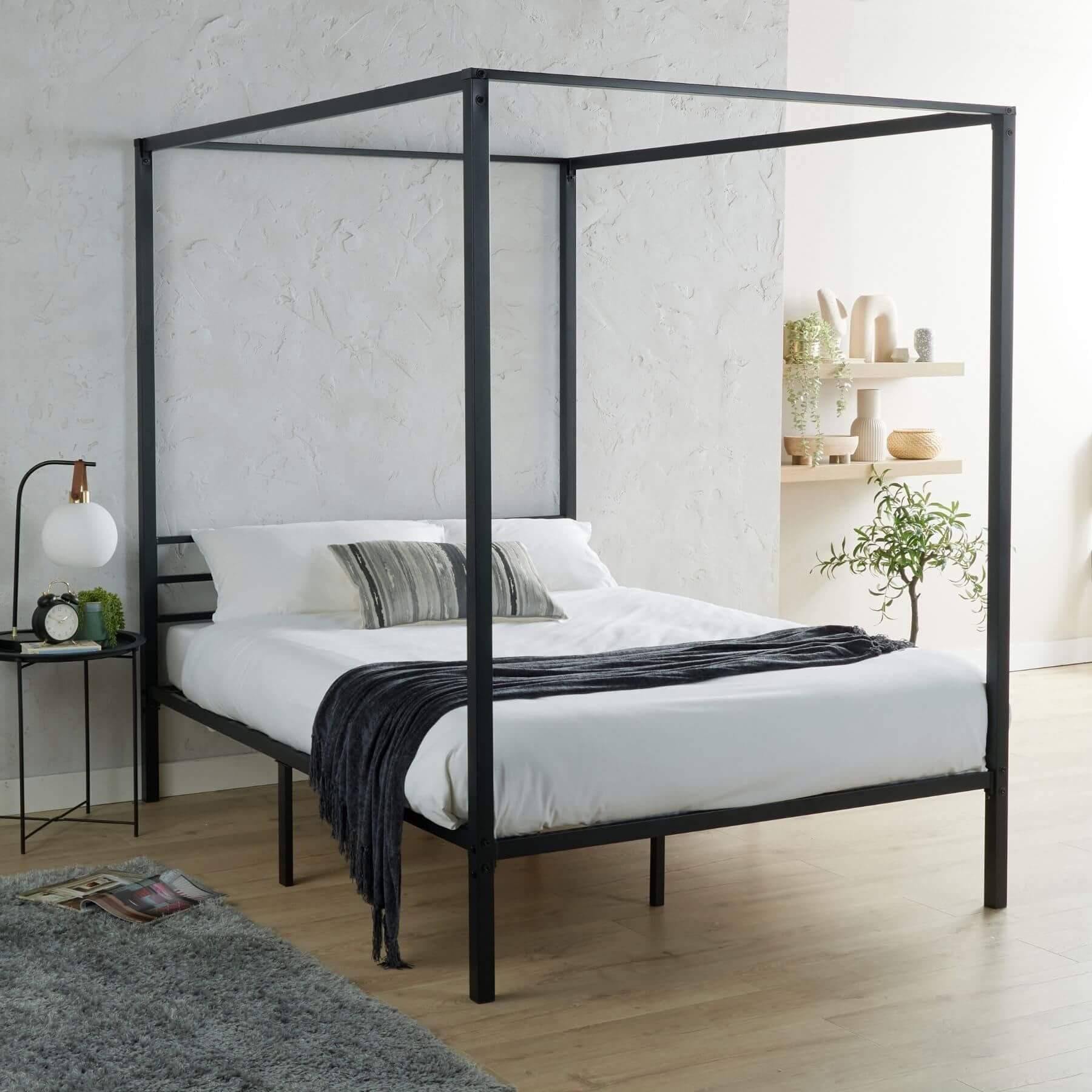 Home Source Sierra 5ft King Size Bed Frame 4 Poster with Sleek Canopy Metal Slatted Bedroom Furniture Grand Design, Black