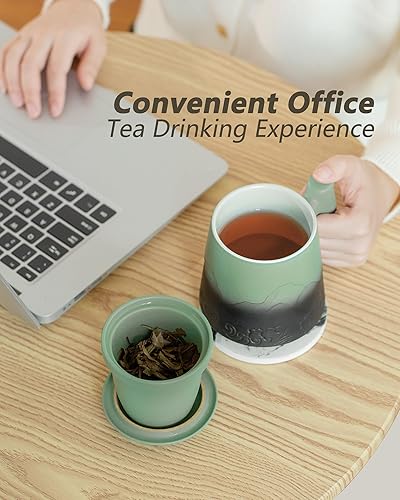 Miniatura 8 de ZENS Taza de té con infusor y tapa para té de hojas sueltas, taza de té de cerámica de 15.2 onzas con coladores de té finos y posavasos de