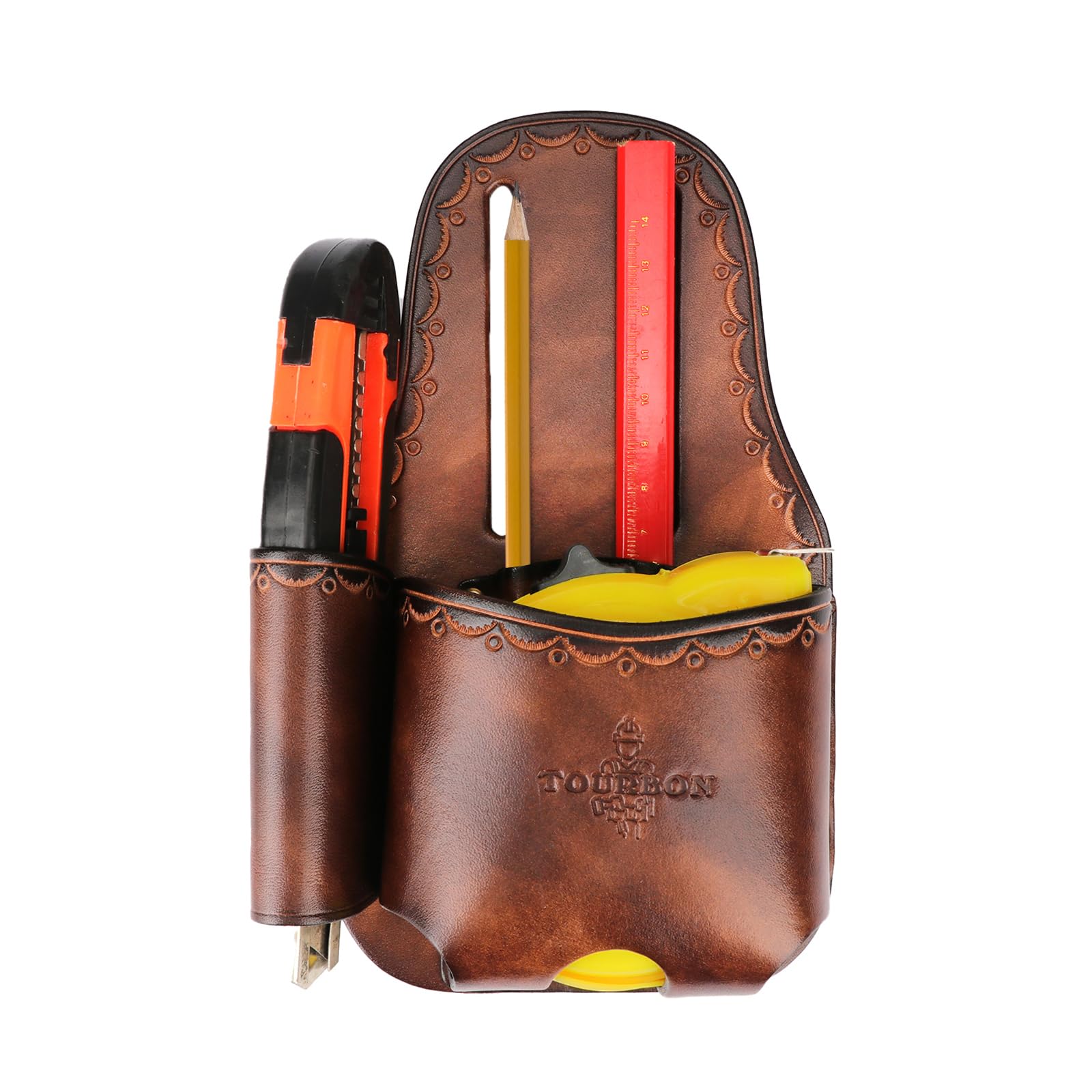 Tourbn Tourbon Carpenters Leather Tape & Knife Holder Cutter Marking Measuring Pouch Tool Screwdriver Holster with 3 inch Loop for Belt, Coffee Brown