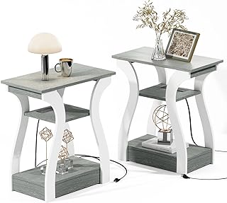 End Tables Living Room Set of 2,Grey End Table with Charging Station,Grey Side Table, Nightstand for Bedroom, 3 Tier End Table with Storage Shelf for Living Room