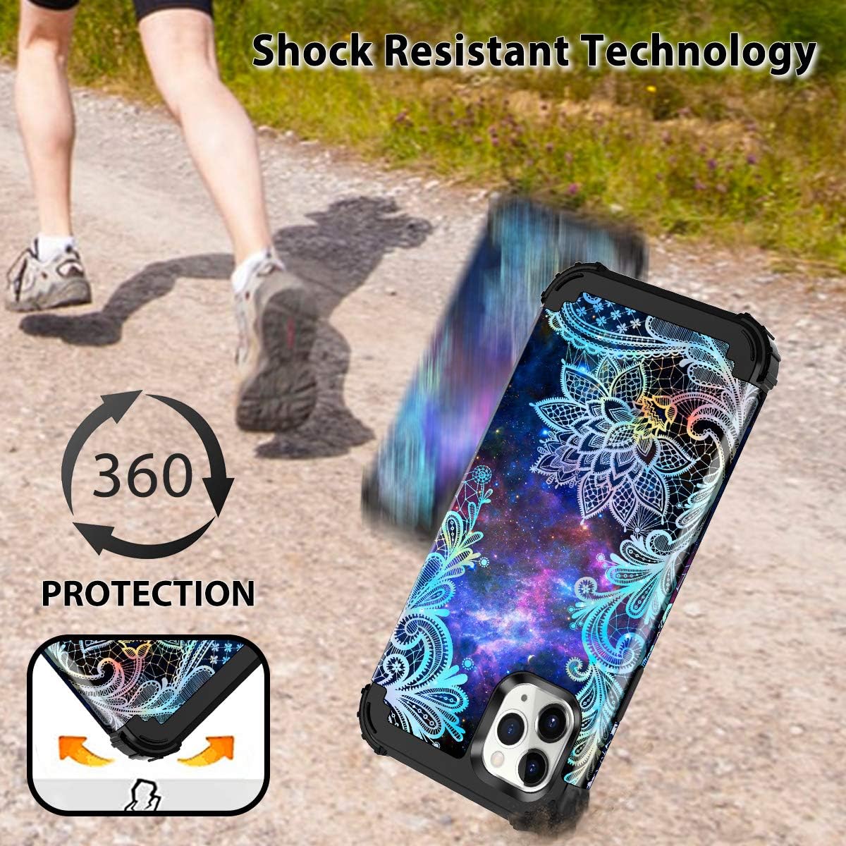 Casetego Compatible with iPhone 11 Pro Max Case,Floral Three Layer Heavy Duty Hybrid Sturdy Shockproof Full Body Protective Cover Case for Apple iPhone 11 Pro Max 6.5 inch,Blue Mandala