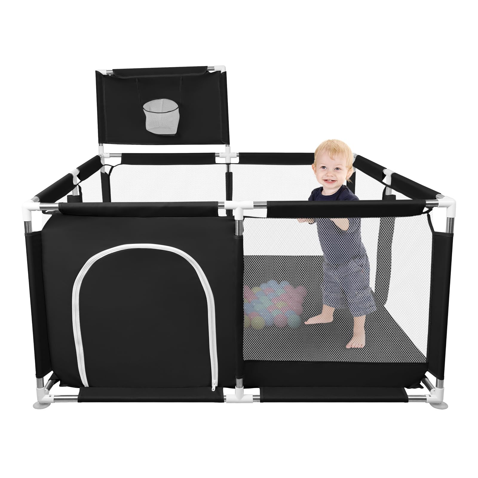 Parc Bébé en Tissu Oxford,d'Activité pour Enfants avec Base, Modulable, Pliable,Grand parc pour enfant en bas âge,50 Balles, Basketball Rack,Avec 4 Ventouses -126 x 126 x 66 cm - noir