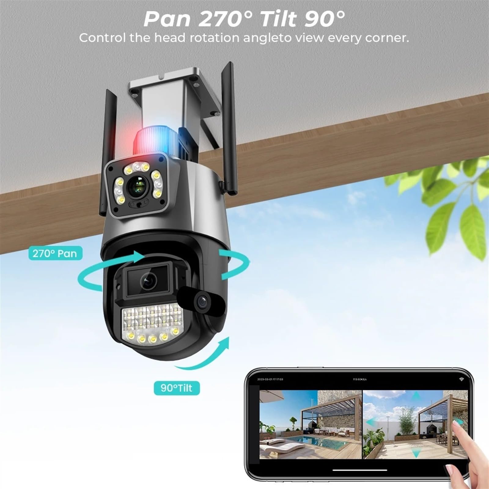 Telecamera di sicurezza, Telecamera PTZ 4K 8MP 4X Zoom HD esterno 4MP Dual-Lens Visione notturna a colori a doppio schermo AI Monitoraggio automatico Video sorveglianza(4MP Add 128G SD Card)