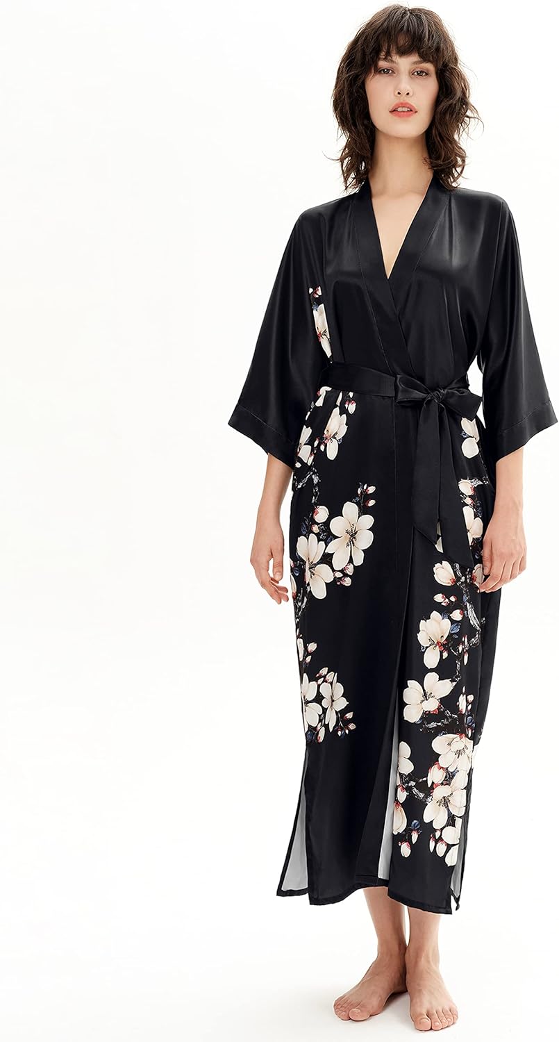 PRODESIGN Kimono Robe for Women - Long Satin Sleepwear Silky Kimono Cover-Up Nightgown Japanese Bathrobe Loungewear Blouse - Image 4