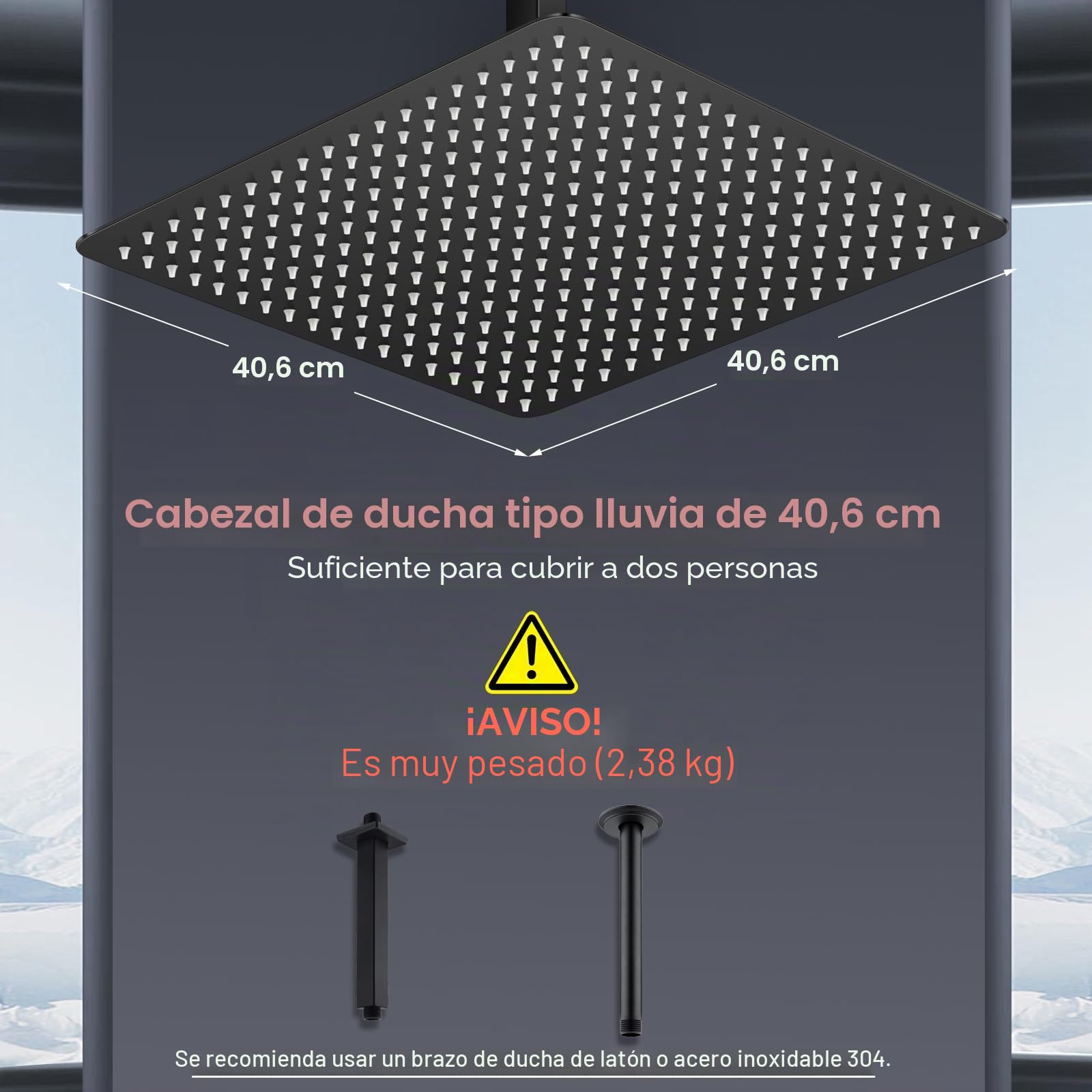 Alcachofa de ducha de lluvia grande de 16 pulgadas, mate, negra, toda metálica, de acero inoxidable 304, con 324 boquillas de silicona - Alcachofa de ducha cuadrada para el baño
