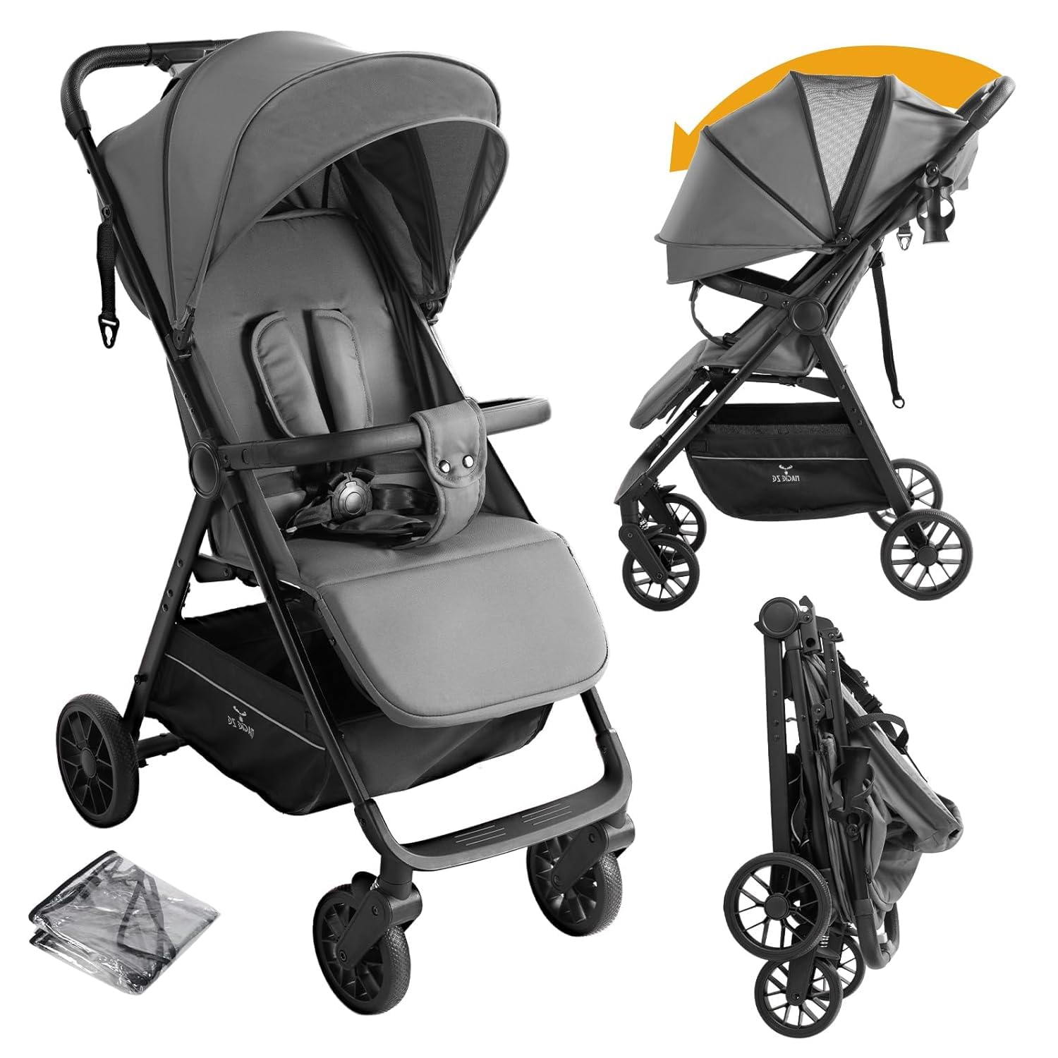 Cochecito Bebe Ligero, Silla de Paseo Reversible y Compacta con Reclinado Multiposición, Cochecito para Bebés y Niños Pequeños Desde El Nacimiento, Carrito con Portavasos y Capota (Gris)