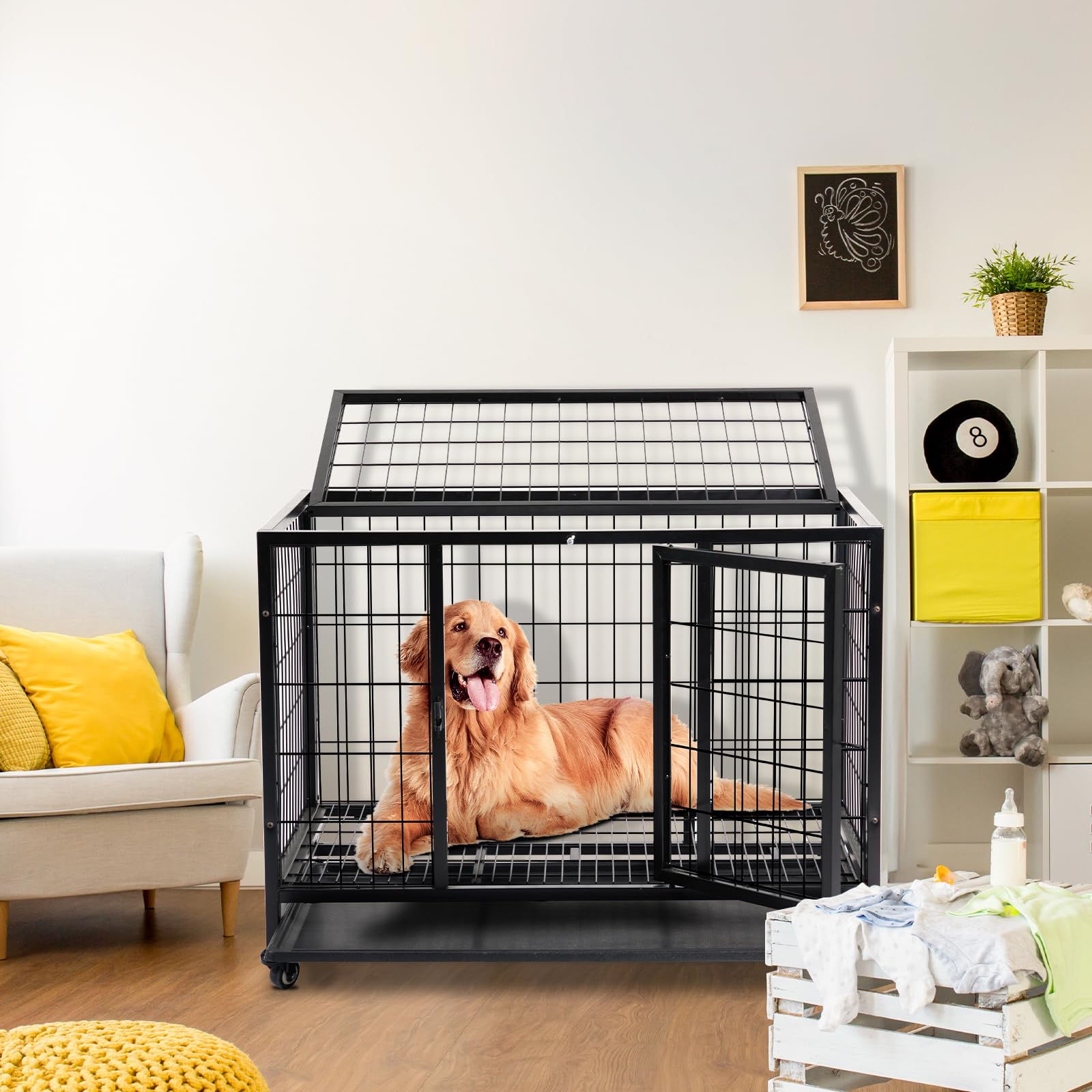 LEADZM Cage pour Chien XL 91x62x70cm – Chenil avec 2 Portes & Roues Verrouillables 360° – Bac en Plastique Amovible et Structure Métal Renforcé Noir