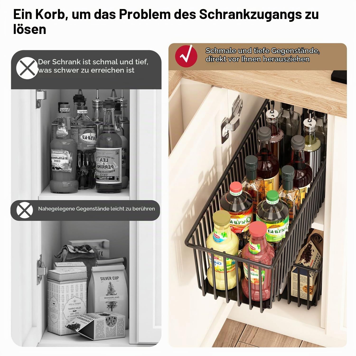 2 StüCk Teleskopschublade, KüChenschublade Regal Ausziehbare KüHlschrank Schublade KüChe Schrankauszug, Teleskop Schubladen SpüLschrank Organizer für SchräNke,15.2 B x 41.2 T x 16.2 H Cm (Schwarz)