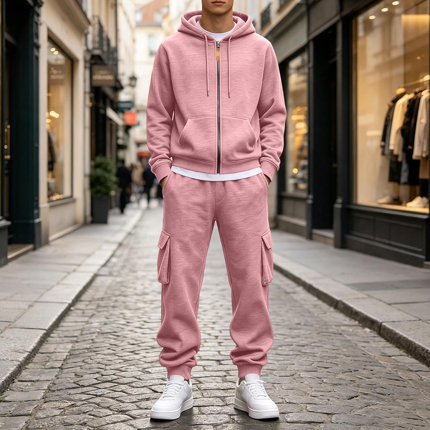 Men's Full Zip Cargo Hoodie Set Multi Pocket Fleece Warm Tracksuit