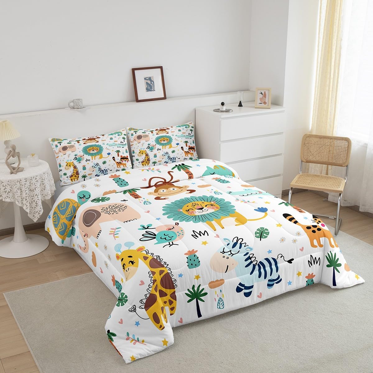 Feelyou Cartoon Jungle Animals Bedding Set Full Size Kids Safari Zoo Animals Comforter Sets Lion Tiger Monkey Giraffe Quilt for Boys Girls Teens Child Toddler Bed Set 1 Comforter 2 Pillowcases