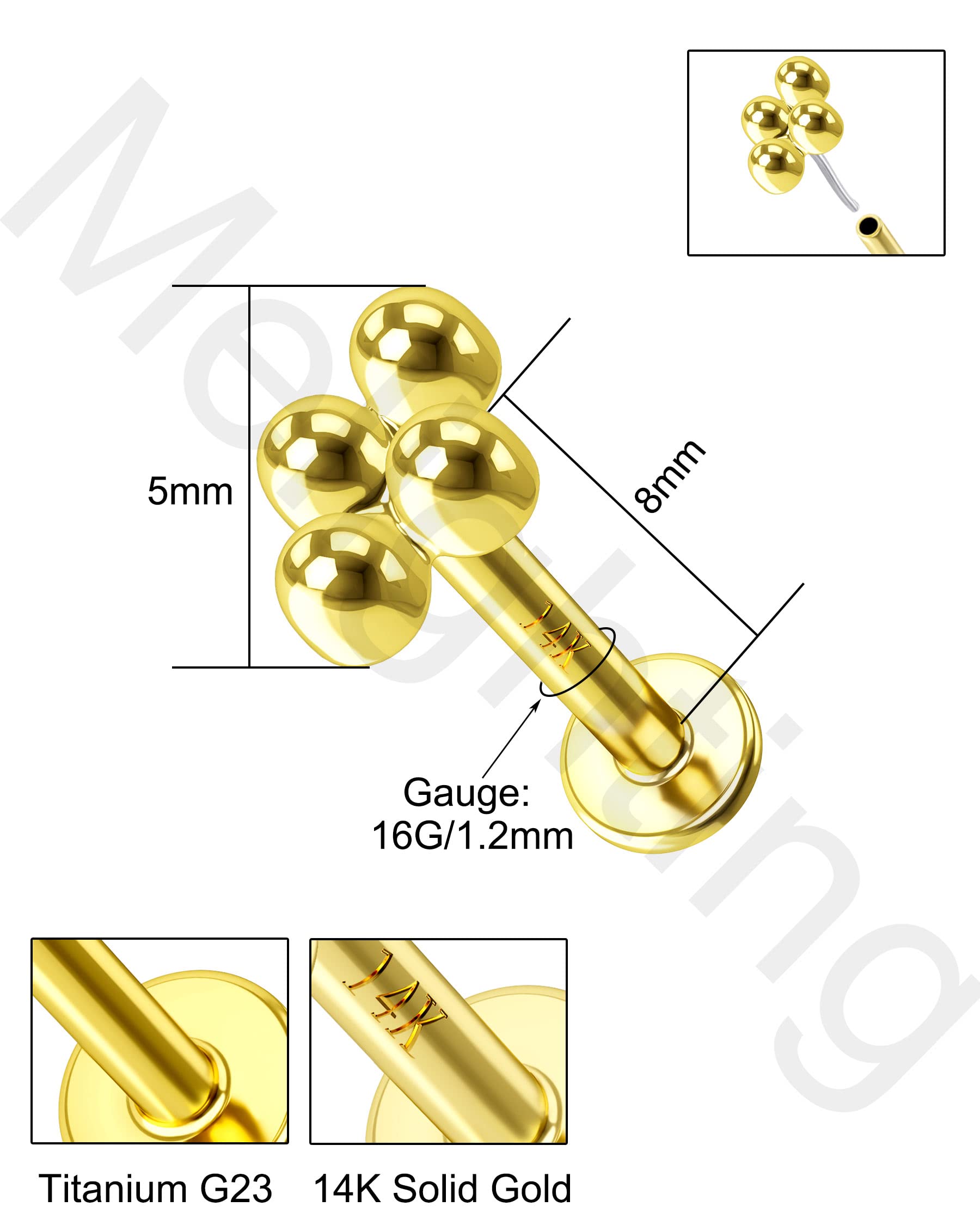 Melighting 16G Flat Back Helix Earring 14ct Gold Threadless Push-in Labret Stud Gold Tragus Earring Conch Stud Helix Piercing Jewelry Stud Earring for Women Girls