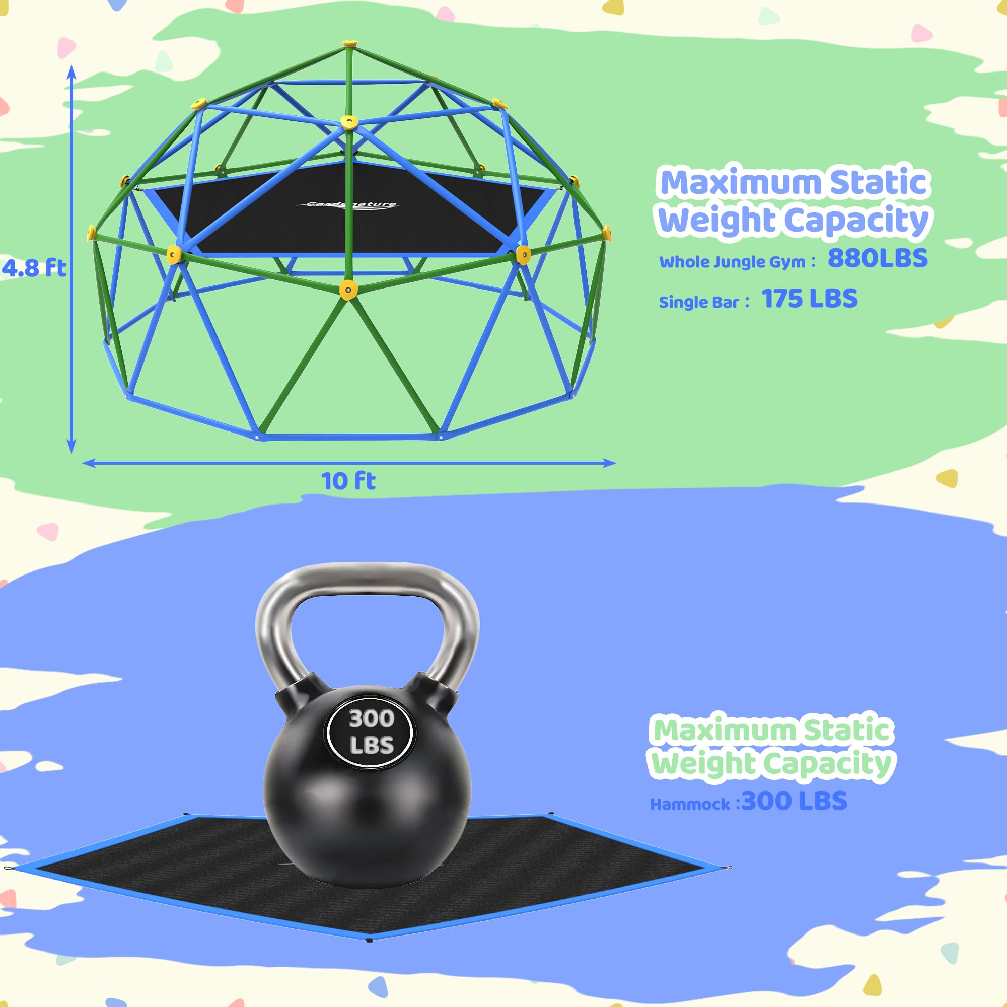Gardenature 10FT Climbing Dome with Hammock, Outdoor Jungle Gym for Kids, Geometric Dome Climber Supporting 880 Lbs Anti-Rust Metal Outdoor Play Structure ASTM Approved Blue & Green