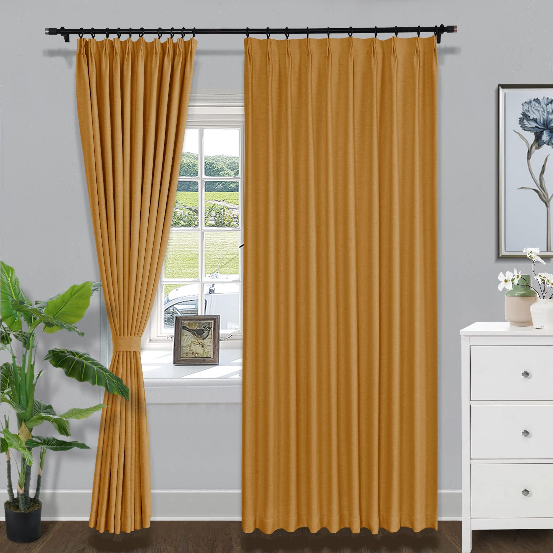Fcosie Extra Wide Linen Blackout Curains Drapes Pinch Pleated Top - Room Darkening Curtains Insulated Privacy Slider Curtains for Nursery Kids Boys Teen Girls - Orange, 1 Panel, 120