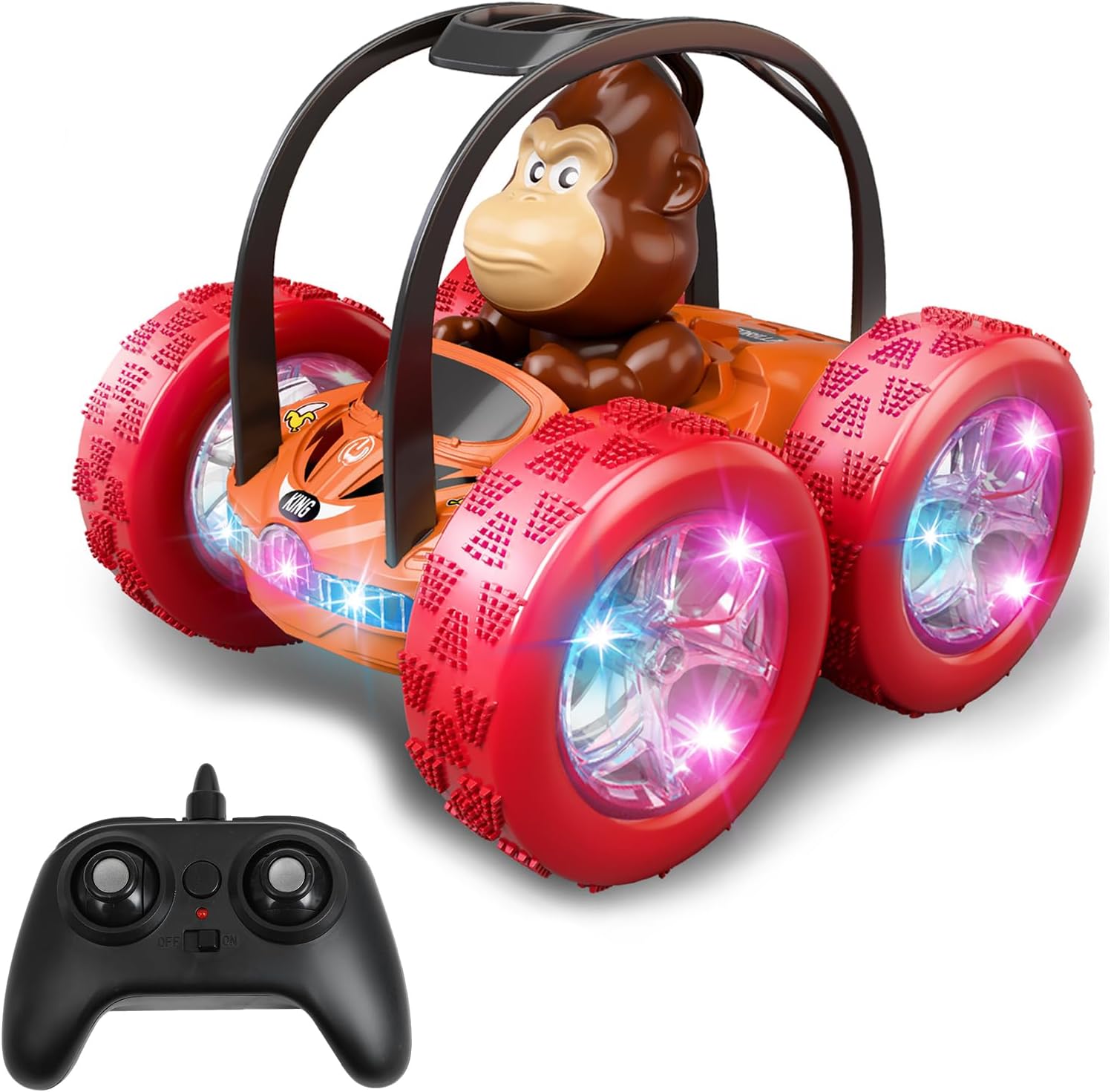 Cartoon Gorilla RC Stunt Car for Kids – 360° Flips, Music & Lights, Rechargeable Remote Control Truck Toy – Durable Spinning Vehicle for Boys & Girls Ages 3-8, Indoor/Outdoor Gift