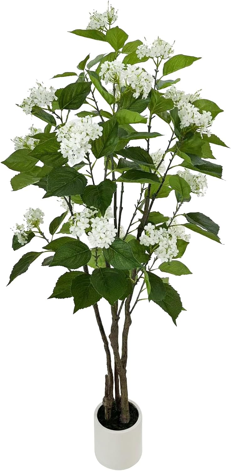 5FT Artificial Hydrangea Tree with 18 Blooms, Potted Fake Plant for Home Office Decor, Realistic Leaves & Bendable Branches, White Planter (5 FT)