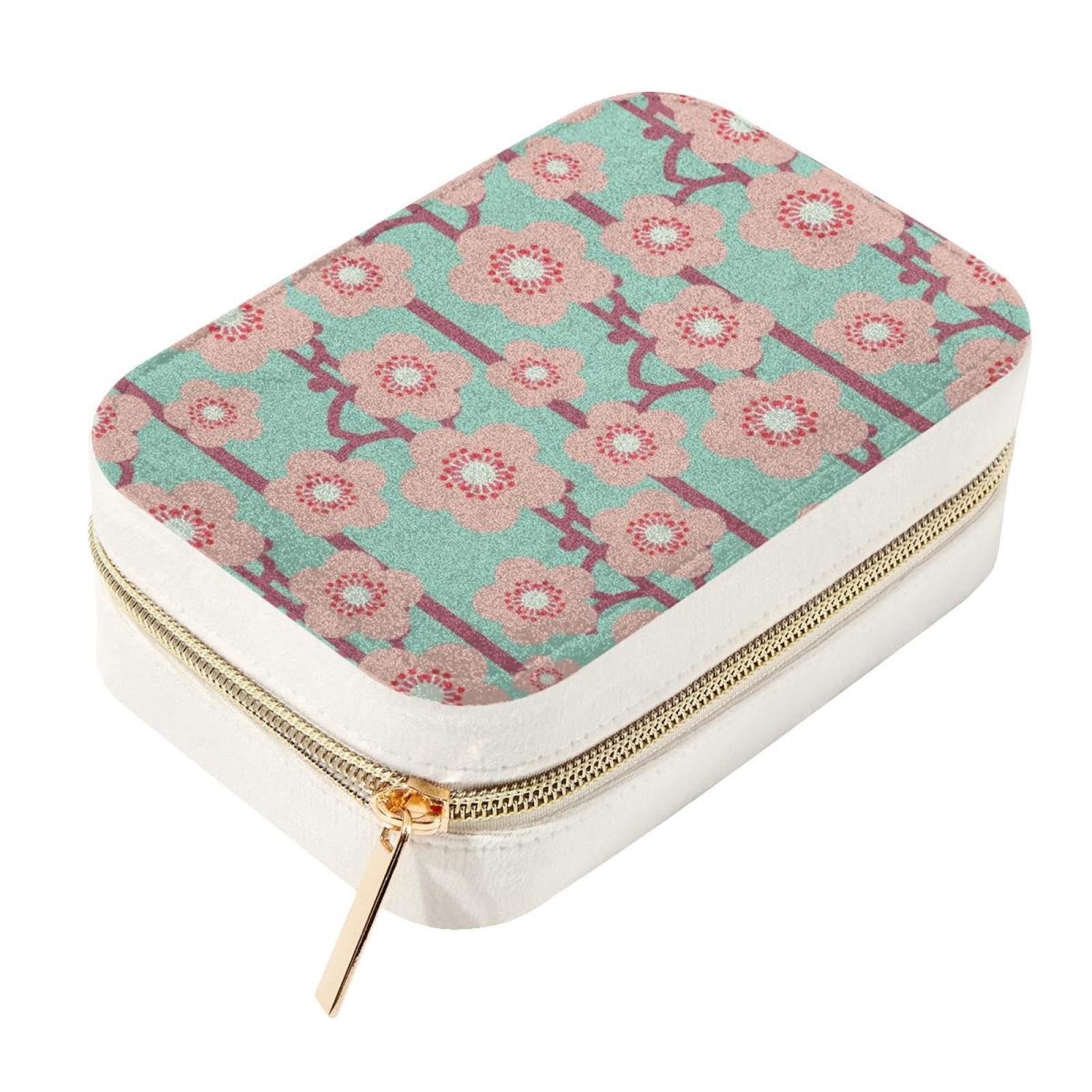Boîte à bijoux de voyage en velours premium rose clair avec finitions fleur de pêche
